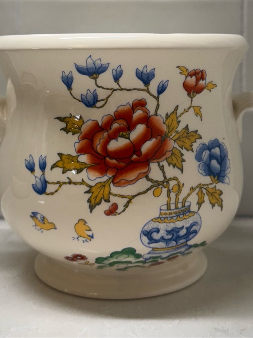Mason Vintage Porcelain Floral Pot with Red, Blue & Gold Accents